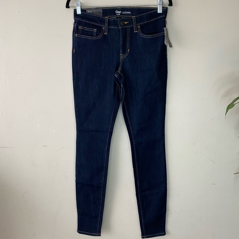 NWT•GAP 1969 Legging Jeans Mid Rise Skinny Dark Wash Blue Size 26R / 2 - Picture 2 of 8